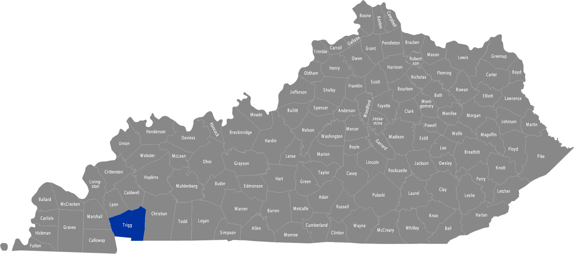 State of Kentucky map with Trigg County highlighted